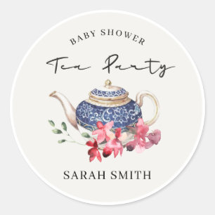 Chic Red Blue Floral Teapot Baby shower Tea Party Ronde Sticker