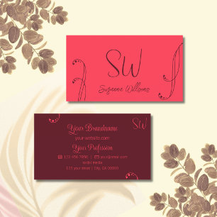 Chic Red en Burgundy Modern met Monogram Visitekaartje