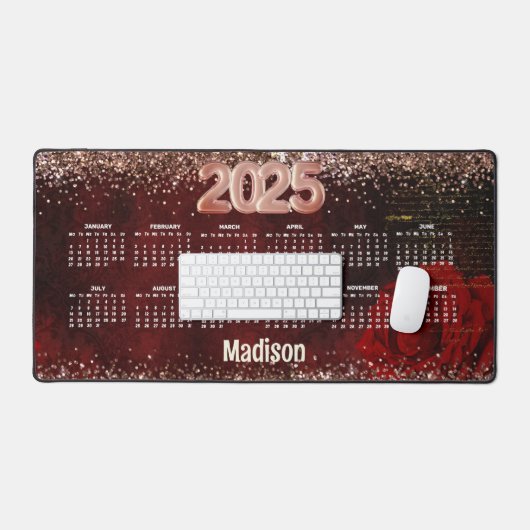 Chic red flower faux gold glitter monogram 2025 bureaumat (Keyboard & Muis)