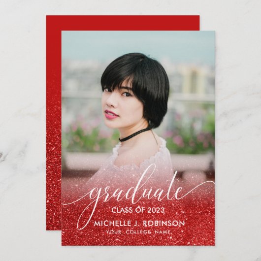Chic Red Glitter Ombre Girly Foto Afstuderen Aankondiging (Voorkant / Achterkant)