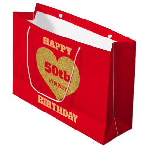 Chic Red & Gold Glitter Heart Happy 50th Birthday Groot Cadeauzakje