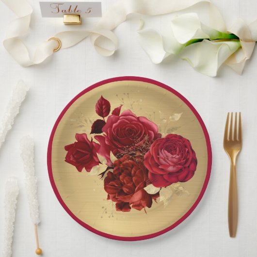 Chic Red Gold Rozen Floral Papieren Bordje (Huwelijk)