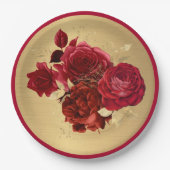 Chic Red Gold Rozen Floral Papieren Bordje (Voorkant)