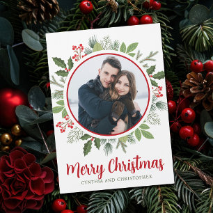 Chic Red Holly Kerstkrans Foto Magneet Kaart