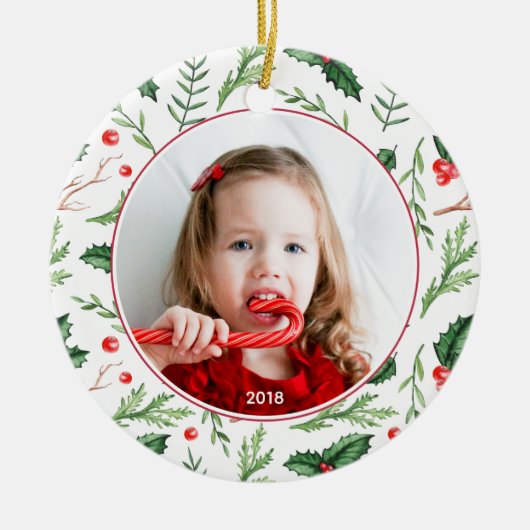 Chic Red Holly Pattern kerstfoto Holiday Keramisch Ornament (Voorkant)