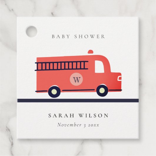 Chic Red Navy Fire Truck Engine Baby shower Bedankjes Labels (Voorkant)