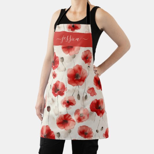 Chic red poppies script name apron schort (Insitu)