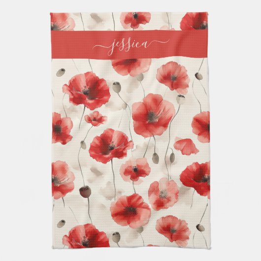 Chic red poppies script name theedoek (Verticaal)