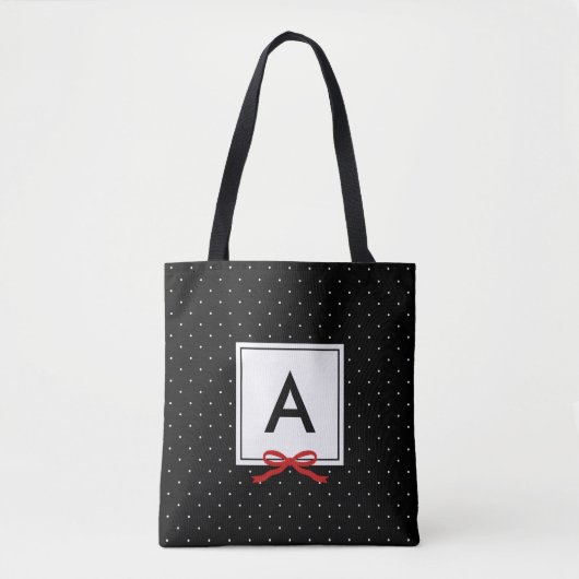 Chic Red Ribbon Black Polka Dot Pattern Monogram Tote Bag (Voorkant)