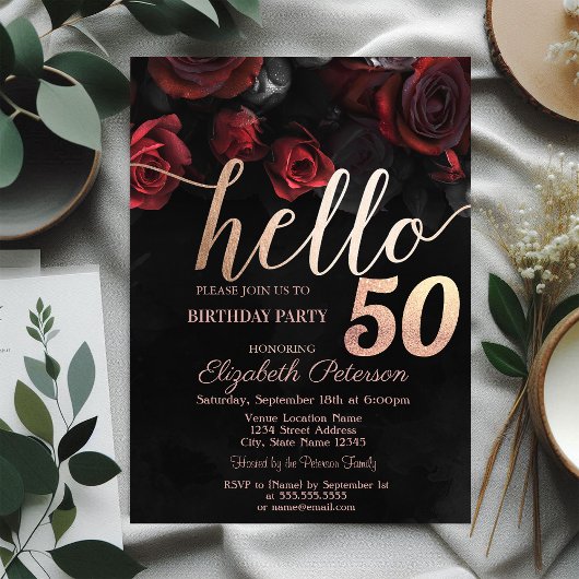 Chic Red Roses Black 50th Birthday Party Kaart