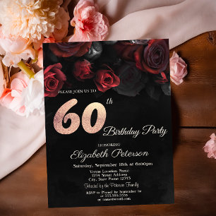 Chic Red Roses Black 60th Birthday Invitation Kaart