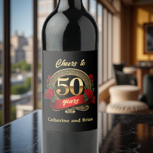 Chic Red Roses en Gold 50ste bruiloft Jubileum Wijn Etiket