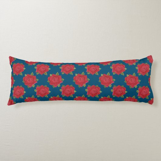 Chic Red Roses op Blue Custom Pillow Lichaamskussen (Voorkant)