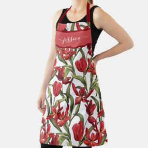 Chic red tulips script naam schort