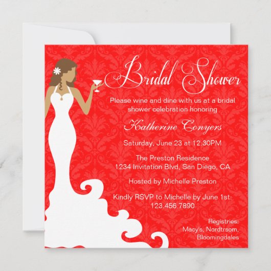 Chic Red Wine Damask Bridal Shower Invitation (Devant)