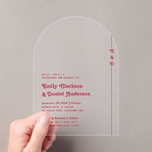 Chic Retro Zomer Helder Hot Roze Monogram Huwelijk Acryl Uitnodigingen