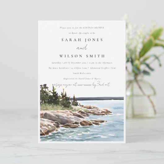 Chic Rocky Pine Mountain Seascape Couples Shower Kaart (Staand voorkant)