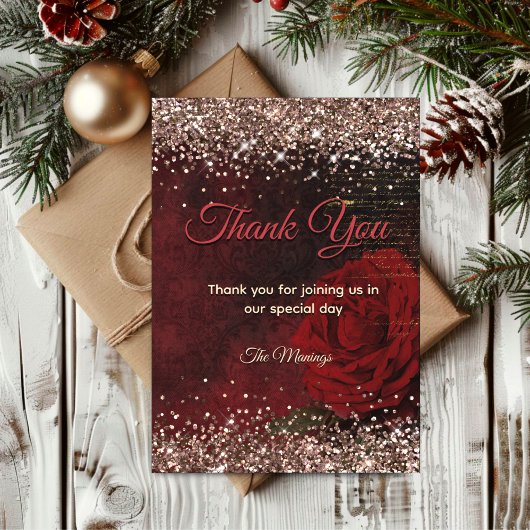 Chic rode bloem faux goud glitter dank u kaart