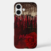 Chic rode bloem goud druppels glitter monogram Hoe Case-Mate iPhone Case (Achterkant)