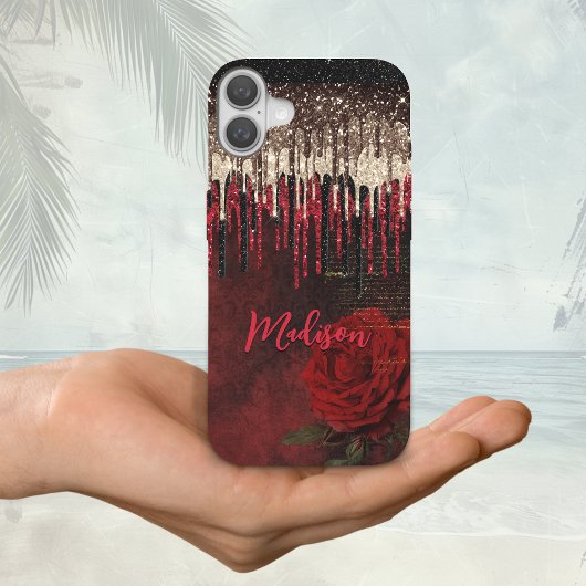 Chic rode bloem goud druppels glitter monogram Hoe Case-Mate iPhone Case