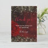 Chic rode bloem zwart faux goud glitter bedankt kaart (Staand voorkant)