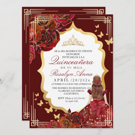 Chic Rode Gouden Roos Prinses Quinceañera Kaart (Voorkant / Achterkant)
