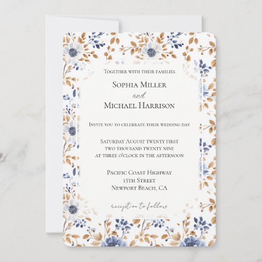 Chic Romantisch Blauw Wit Bloemen Huwelijk Kaart (Voorkant)