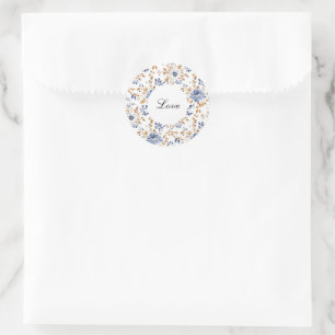 Chic Romantisch Blauw Wit Bloemen Huwelijk Ronde Sticker