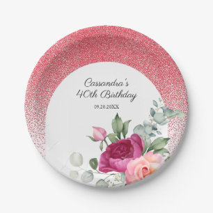 Chic Roos Bloemen Rode Glitter Verjaardag Papieren Bordje