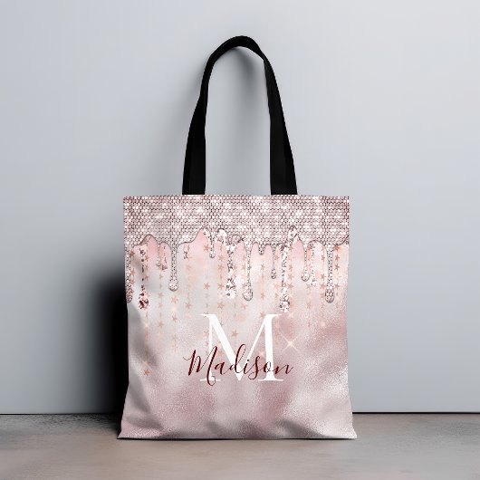 Chic roos blush gouden glitter dripping monogram draagtas
