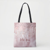 Chic roos blush gouden glitter dripping monogram draagtas (Voorkant)