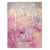 Chic roos blush roze glitter druppelt monogram notitieboek (Voorkant)
