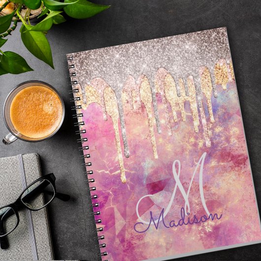 Chic roos blush roze glitter druppelt monogram notitieboek