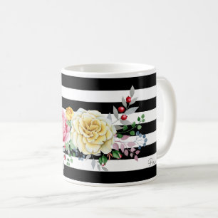 Chic Roos Floral Trendy Black Stripes and Name Koffiemok