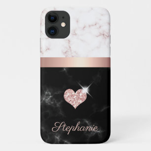 Chic Roos Gold Black Marble Glitter Heart Name iPhone 11 Hoesje