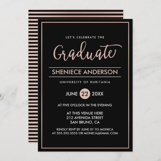 Chic Roos Gold & Black Script & Script Afstuderen Kaart (Voorkant / Achterkant)