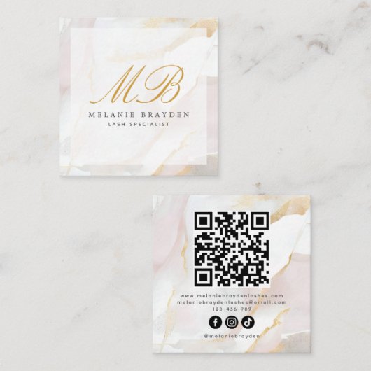 Chic Roos Gold Blush Pink Marble Monogram QR-code Vierkante Visitekaartje (Voorkant / Achterkant)