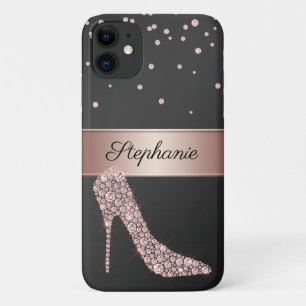 Chic Roos Gold Diamond High Hiel Shoe Name Black iPhone 11 Hoesje