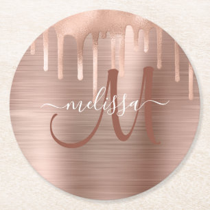 Chic Roos Gold Dripping Brushed Metal Monogram Ronde Kartonnen Onderzetter