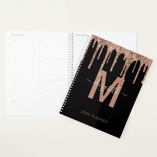 Chic Roos Gold Dripping Glitter Monogram naam 2023 Planner (Display)