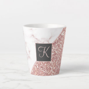 Chic Roos Gold Faux Glitter en Marmeren Monogram Latte Mok
