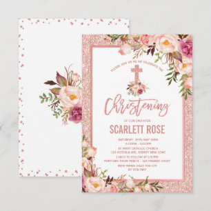 Chic Roos Gold Floral Christening Baby Girl Kaart
