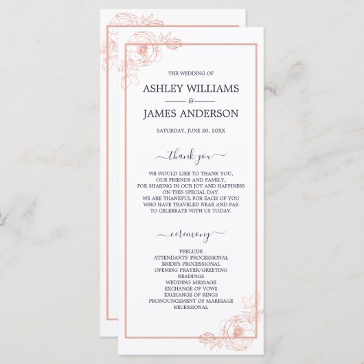 Chic Roos Gold Floral omlijnd marinesblauwe bruilo Programma (Voorkant / Achterkant)