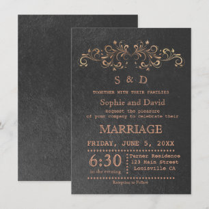Chic Roos Gold Flourish Swirl Black Wedding Invite Kaart