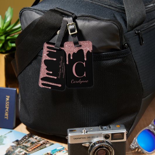 Chic Roos Gold Glitter Drift Monogram op zwart Bagagelabel (Voorkant /achterkant)