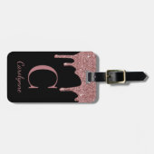 Chic Roos Gold Glitter Drift Monogram op zwart Bagagelabel (Voorkant horizontaal)