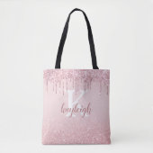 Chic Roos Gold Glitter Drip Ombre Roze Monogram Draagtas (Voorkant)