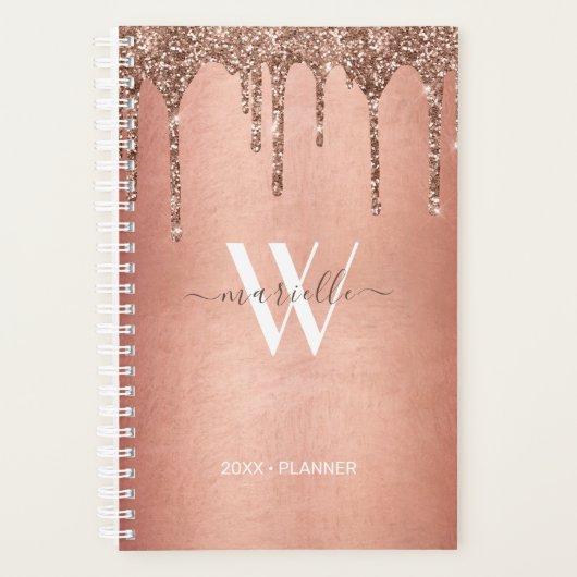 Chic Roos Gold Glitter Drips Monogram Naam 2025 Planner (Voorkant)