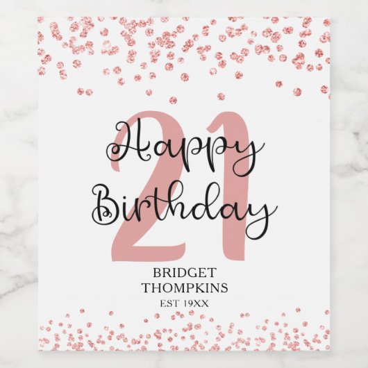 Chic Roos Gold Glitter HAPPY 21st BIRTHDAY Wijn Etiket (Enkel label)