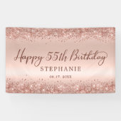 Chic Roos Gold Glitter Happy 55th Birthday Script Spandoek (Horizontaal)